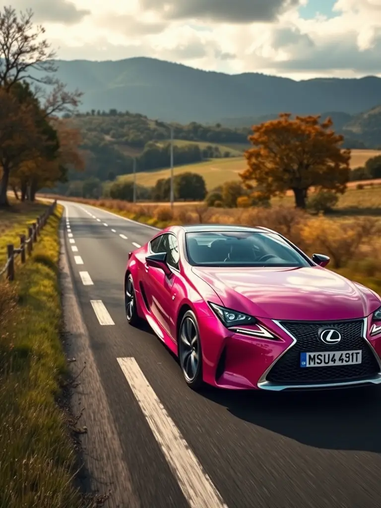A pink Lexus RC parked on a winding road surrounded by green hills and blue skies.