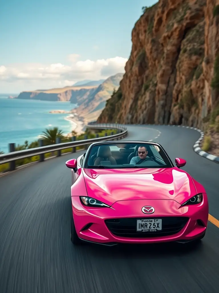 A dazzling pink Mazda MX-5 Miata driving on a coastal road with cliffs and ocean in the background.