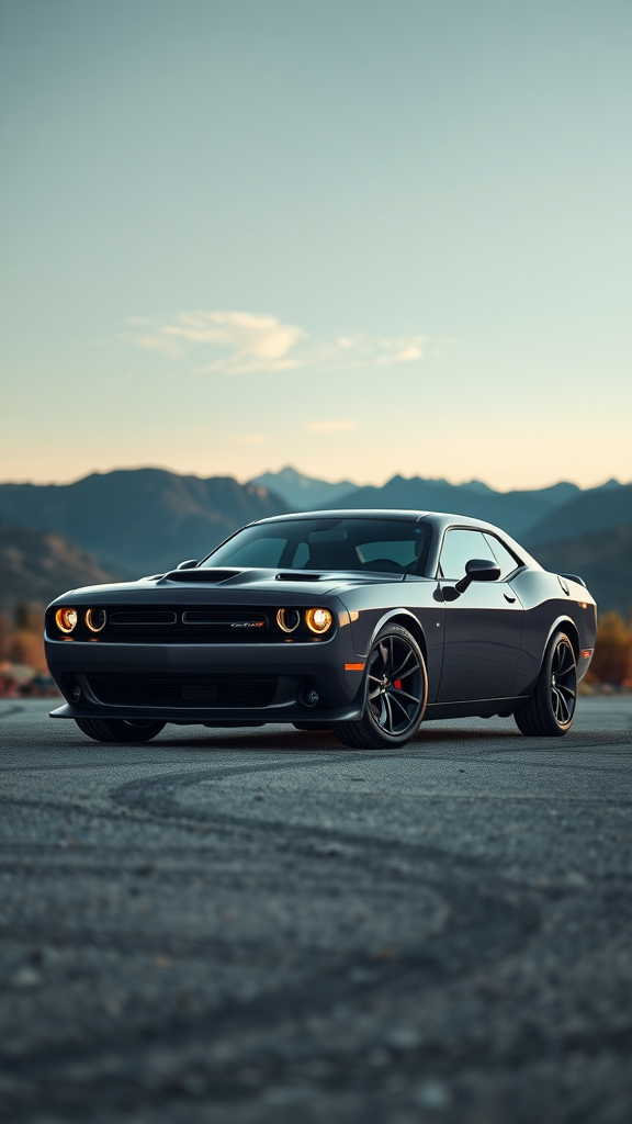 A Dodge Challenger parked in front of mountains, showcasing its stylish design.