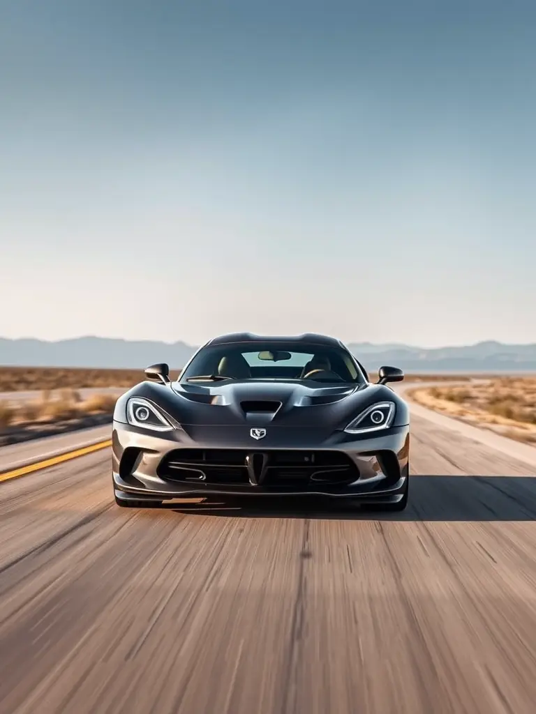 Front view of a Dodge Viper on an open road with mountains in the background.