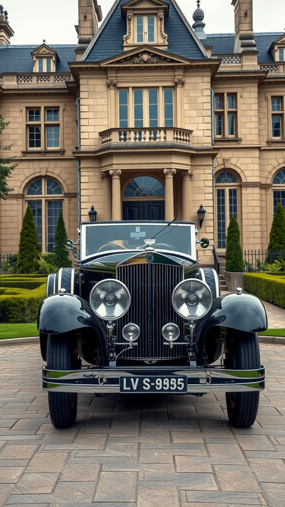 A Duesenberg Model J parked in front of a luxurious mansion, showcasing its elegant design.