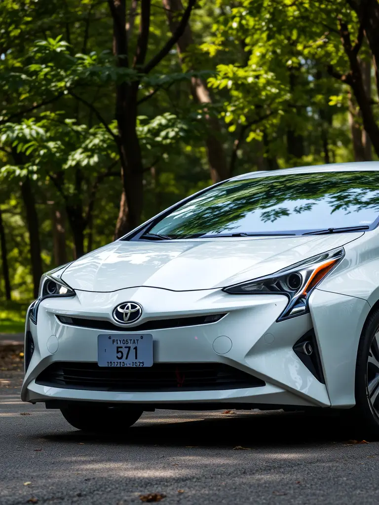 A person driving a Toyota Prius with greenery in the background.
