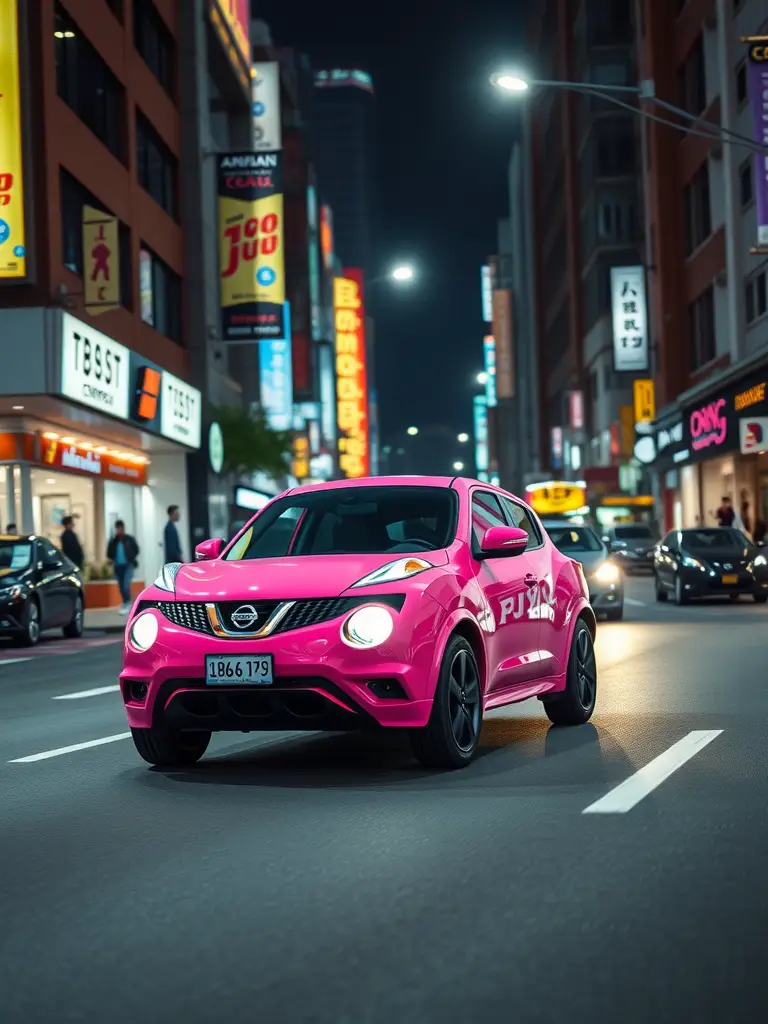 A pink Nissan Juke parked on a city street at night, with bright neon signs in the background.