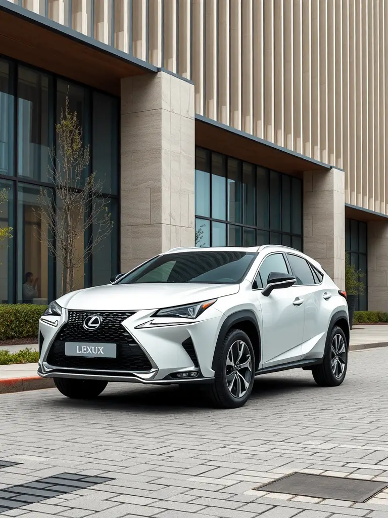 A stylish woman in business attire stands next to a Lexus NX SUV with an urban building in the background.