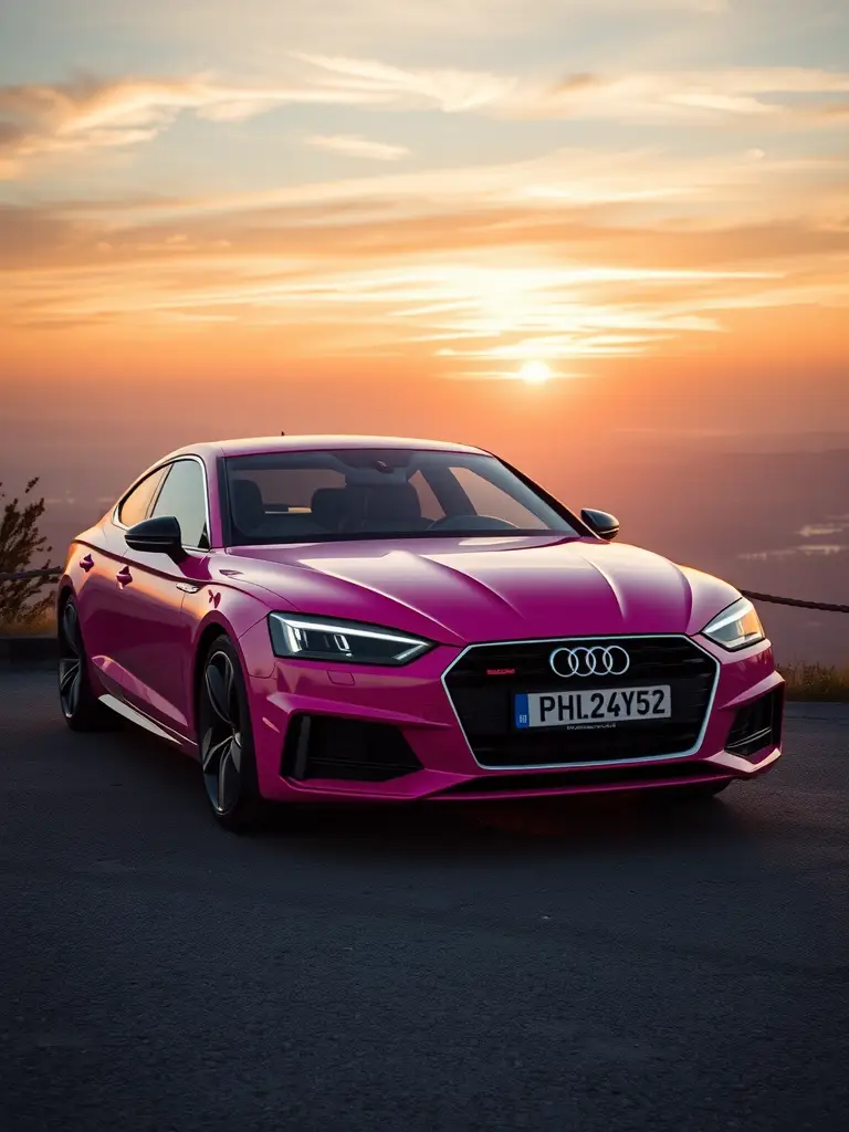 A pink Audi A5 parked against a sunset backdrop, showcasing its sleek design and modern features.