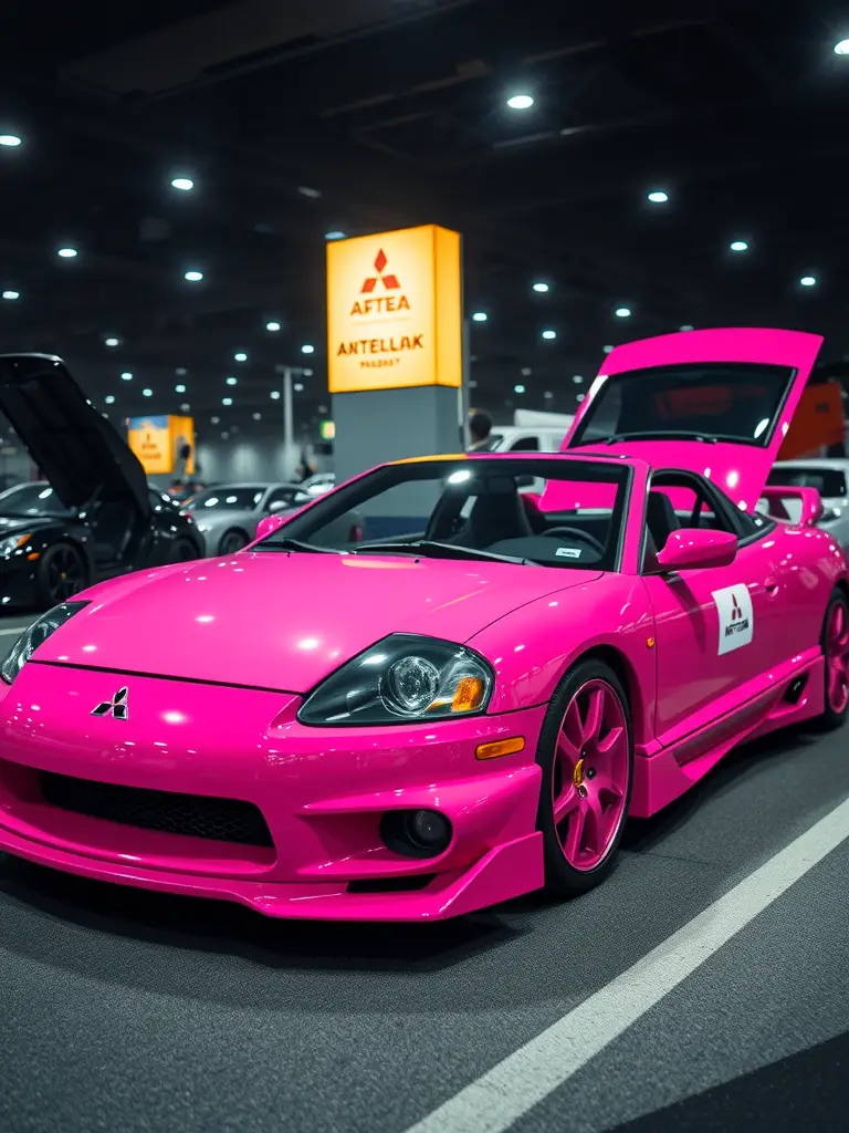 A bright pink Mitsubishi Eclipse parked at a car show with an open hood, showcasing its sporty design.