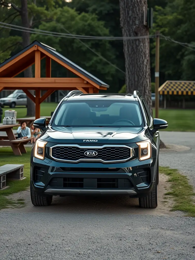 A Kia Telluride parked at a picnic area with children nearby, showcasing its family-friendly design.