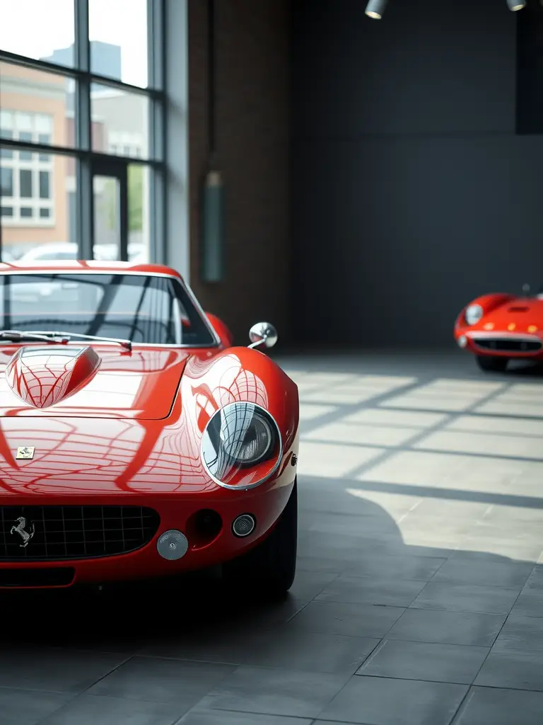 Red Ferrari 250 GTO in a showroom with sunlight streaming in