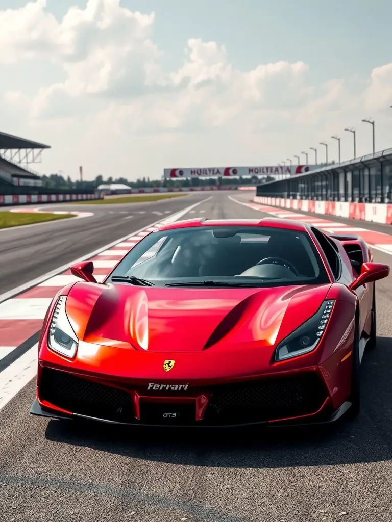 A Ferrari 488 GTB parked on a racetrack with a shimmering red finish and black accents, showcasing its sleek design.