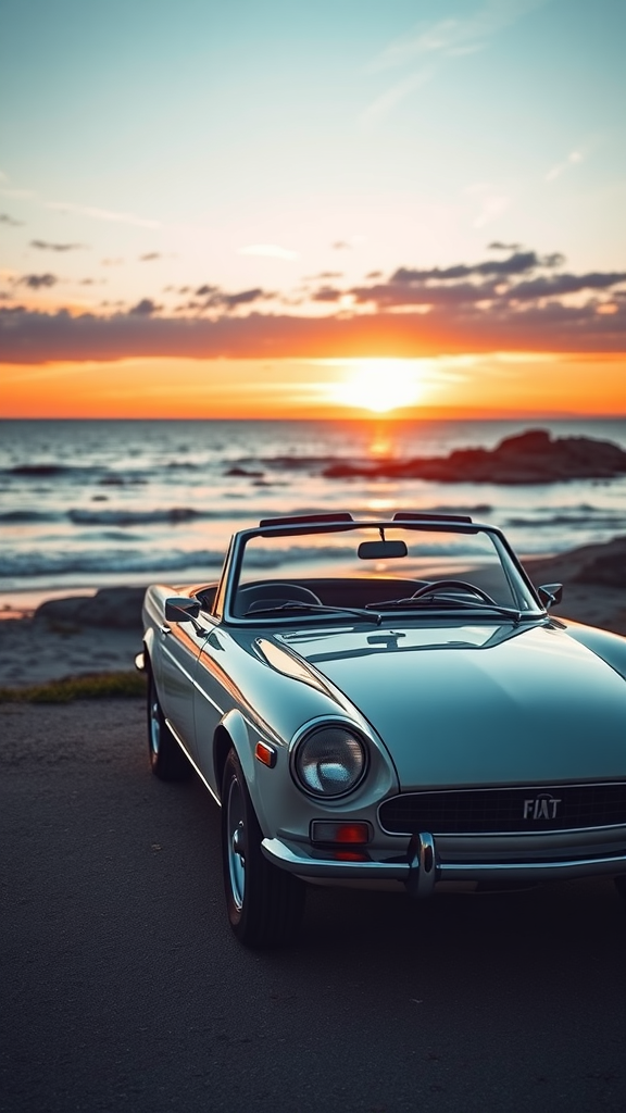 A Fiat 124 Spider parked by the beach at sunset