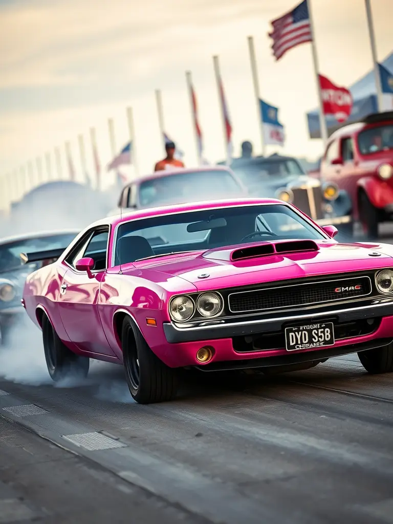 A vibrant pink Dodge Charger parked at a car event, with a classic black car and people in the background.