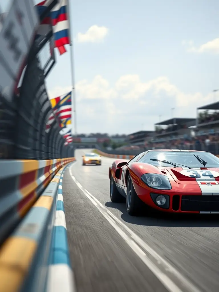A red Ford GT40 racing on a track with flags in the background