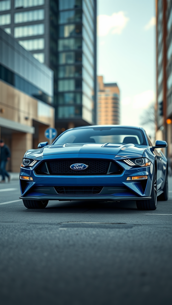 A blue Ford Mustang EcoBoost parked in an urban environment.