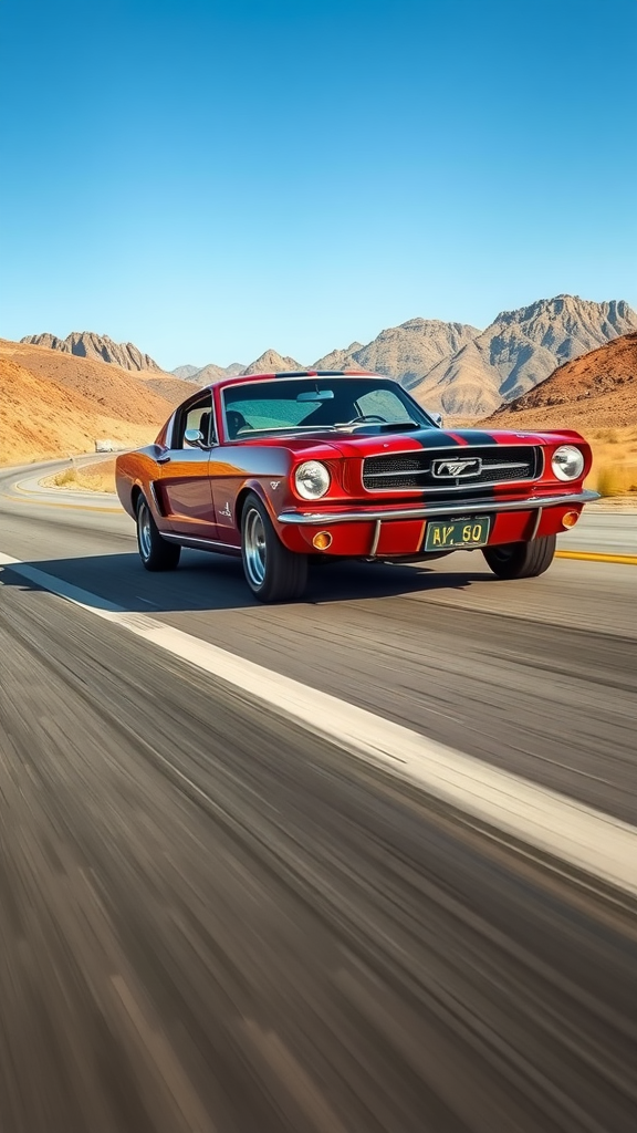 A classic red Ford Mustang speeding on a highway with mountains in the background.