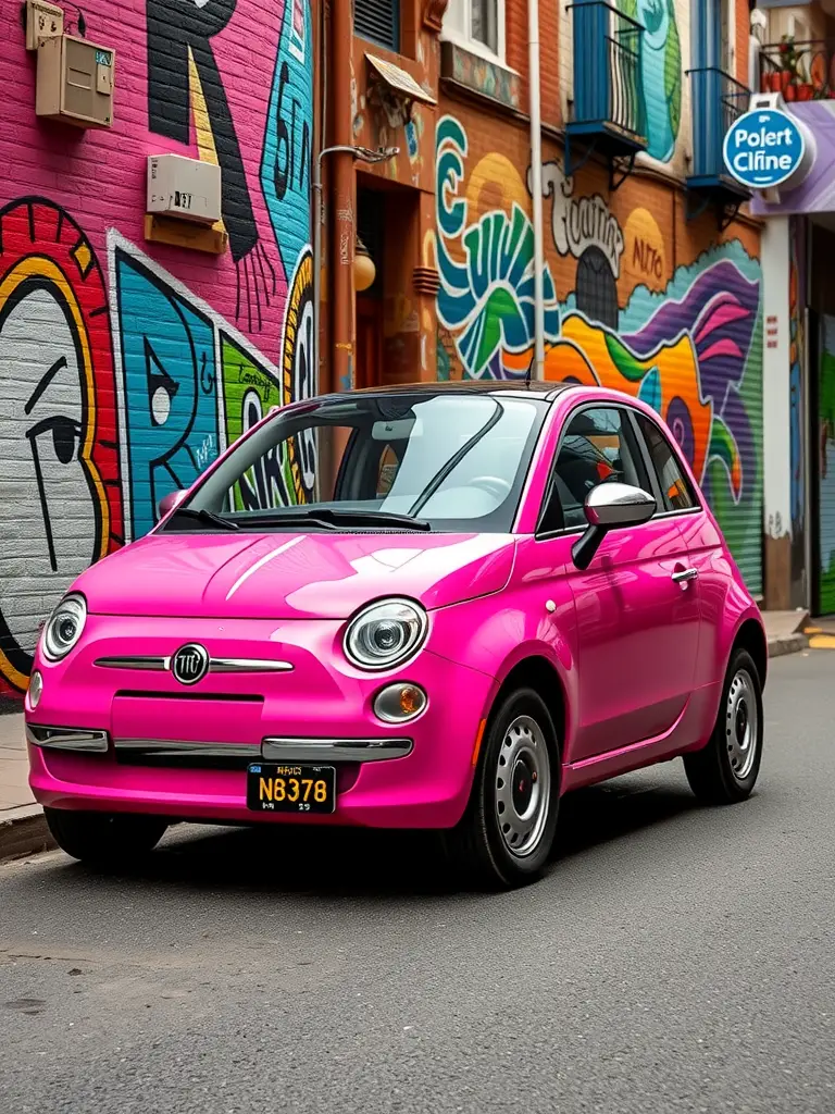 A funky pink Fiat 500 parked in front of colorful street art.