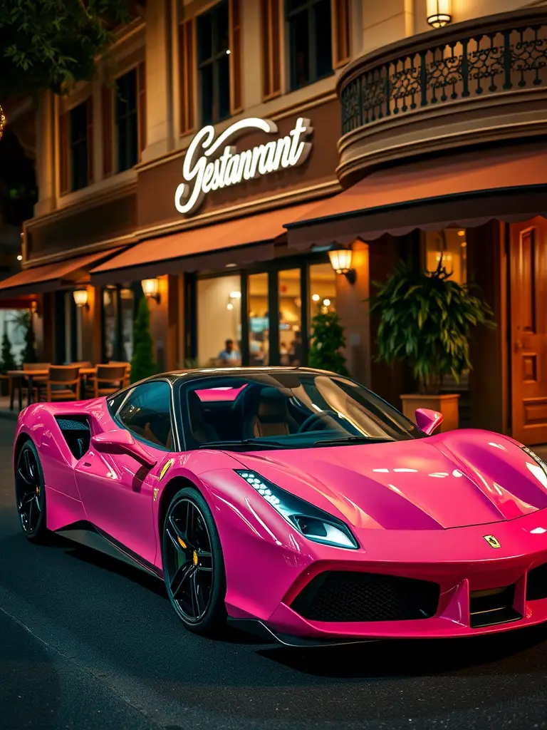 A glamorous pink Ferrari 488 parked in front of a restaurant with elegant architecture