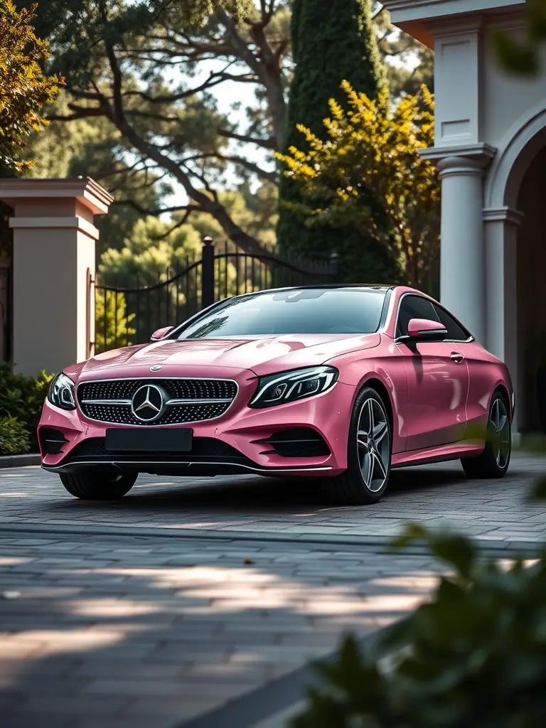 A pink Mercedes-Benz C-Class parked in a lush green environment
