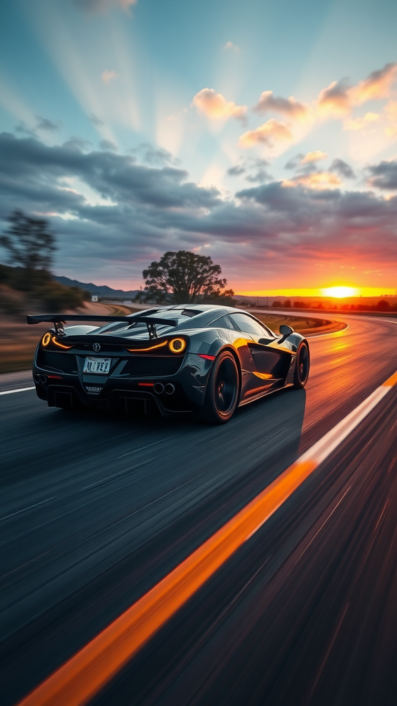 A Hennessey Venom F5 sports car on a winding road during sunset
