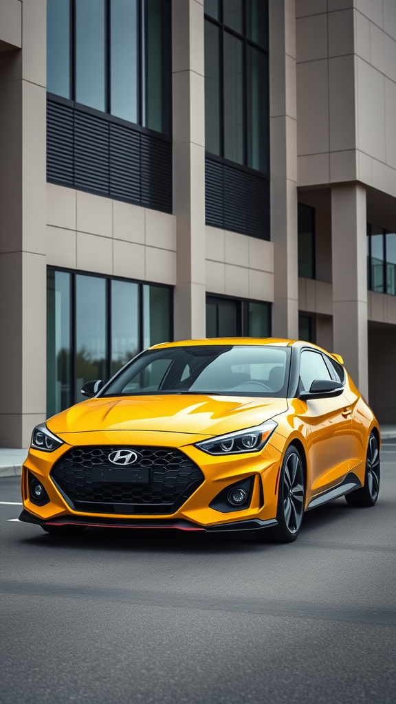 A bright yellow Hyundai Veloster parked in front of a modern building.