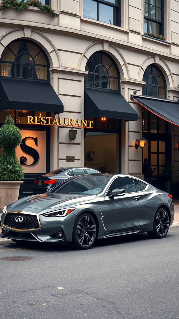 A silver Infiniti Q60 parked outside a restaurant, showcasing its sleek design