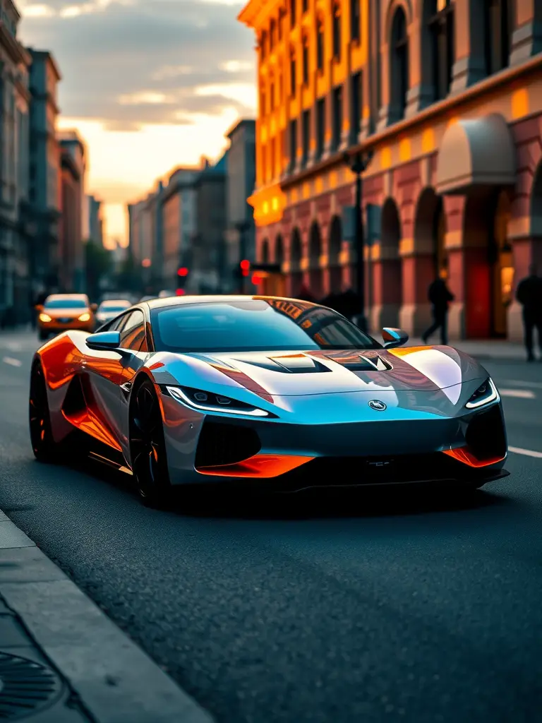A Jaguar C-X75 in iridescent orange and silver parked on a city street with historic buildings in the background.