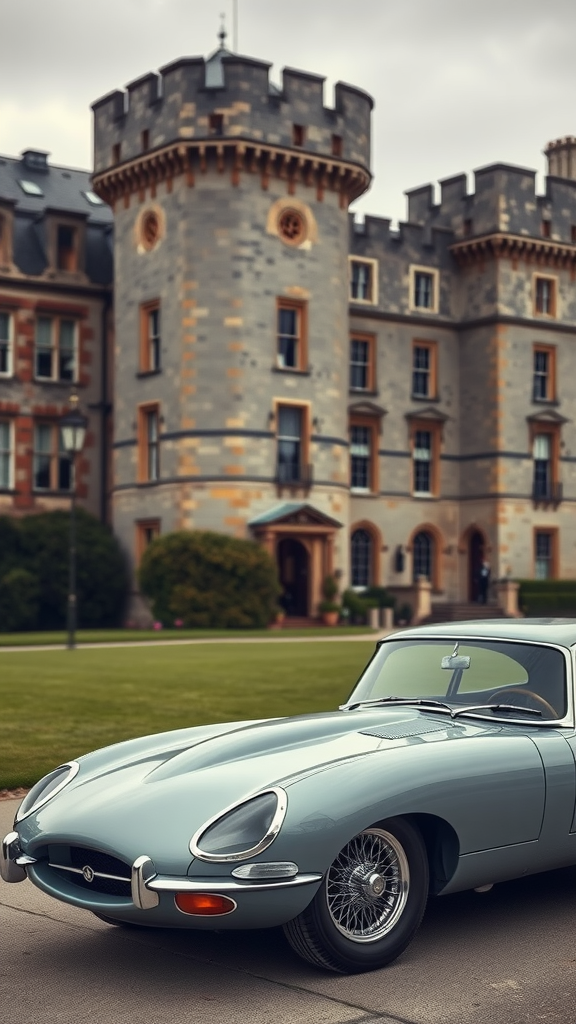 A classic Jaguar E-Type parked in front of a grand building.