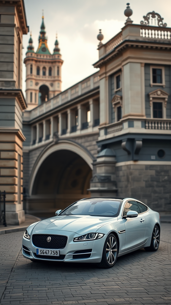 A sleek Jaguar XJ parked in front of a historic building.