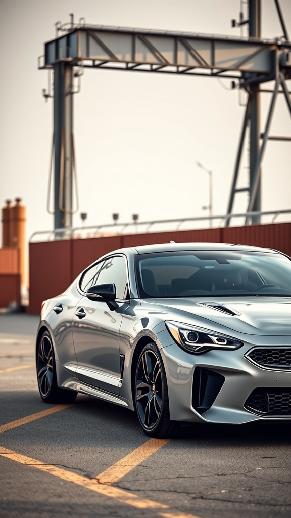 A silver Kia Stinger parked in an industrial area with a striking design.