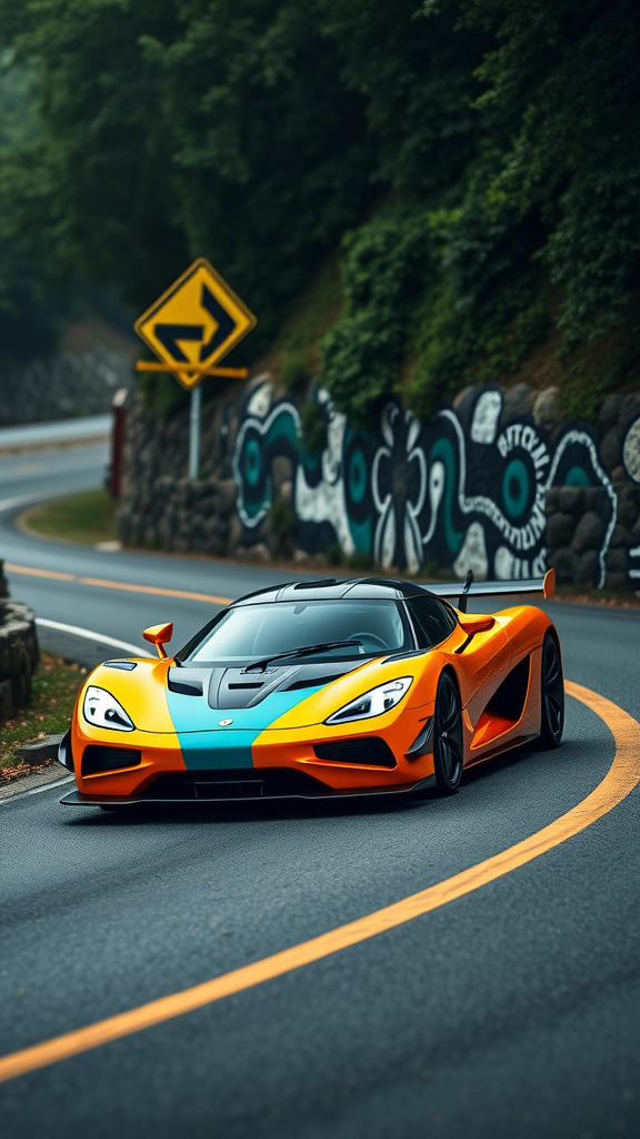 A vibrant orange and blue Koenigsegg Jesko Absolut sports car on a winding road.