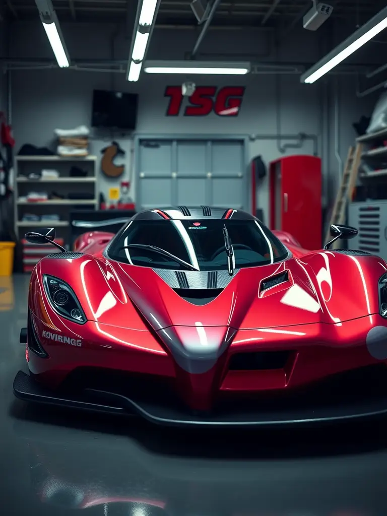 Koenigsegg Jesko in a vibrant red and white finish, showcased in a garage