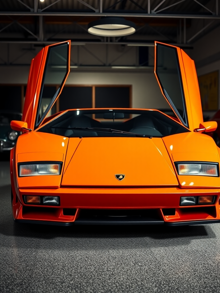 A vibrant orange Lamborghini Countach with doors open, showcasing its distinctive design.