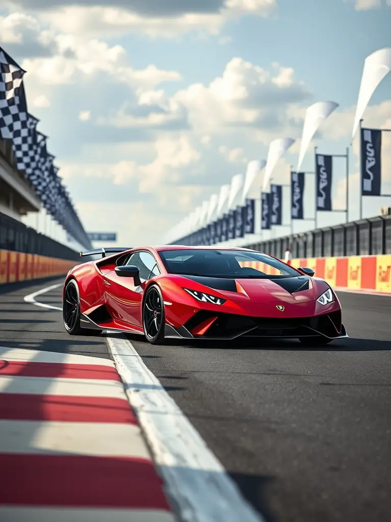 A striking red Lamborghini Essenza SCV12 parked on a racetrack with checkered flags in the background.