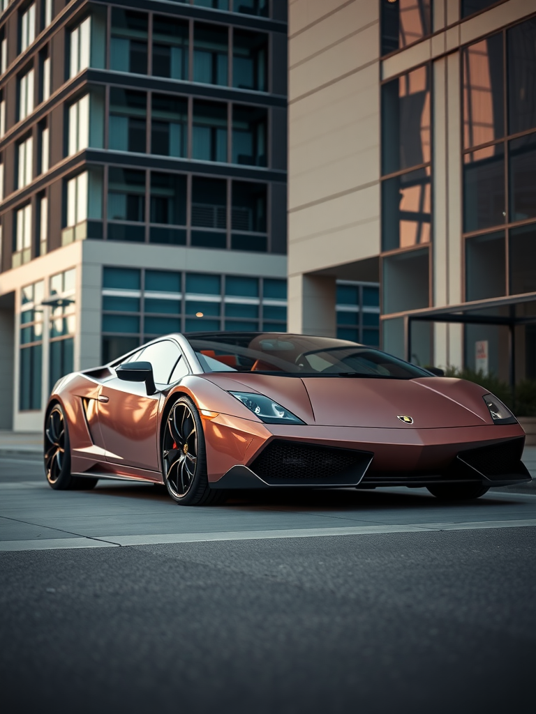 A Lamborghini Gallardo parked in front of modern buildings.