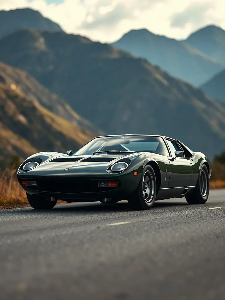 A classic Lamborghini Miura parked on a scenic road with mountains in the background.