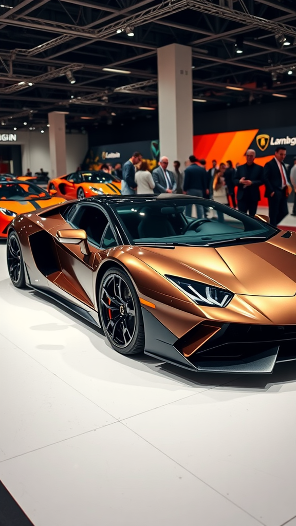 A Lamborghini Sián FKP 37 showcased in a modern exhibition space, featuring its sleek design and captivating color.