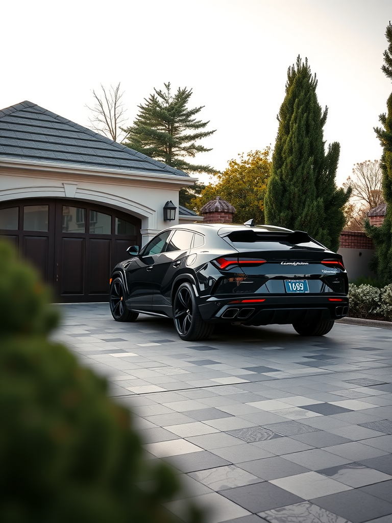 A black Lamborghini Urus parked in front of a stylish home.