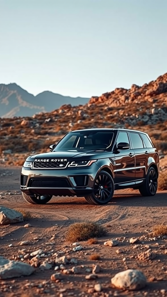 A sleek black Land Rover Range Rover parked in a rocky landscape.