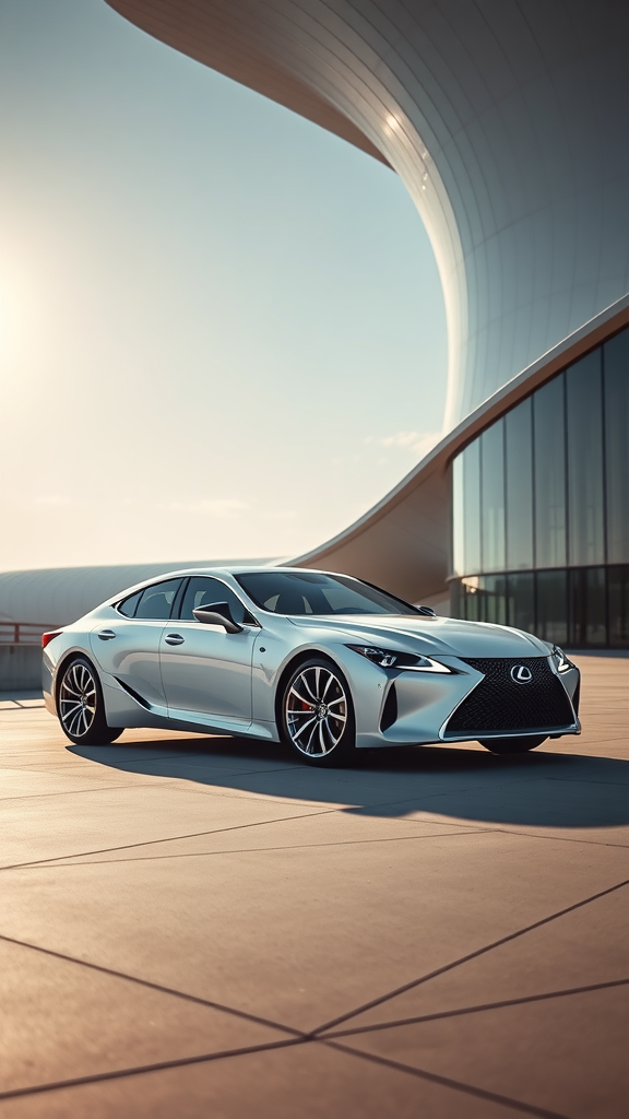 A silver Lexus LS parked in a modern architectural setting with a sleek design.
