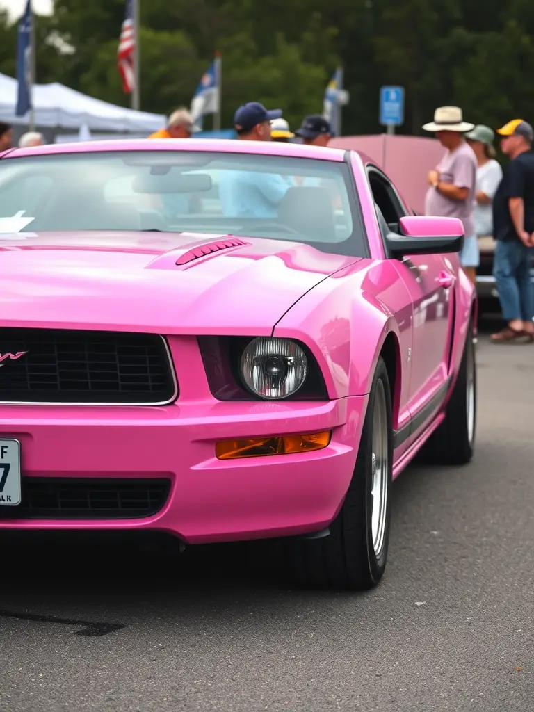 A vibrant pink Ford Mustang showcased at a car event, surrounded by enthusiasts.