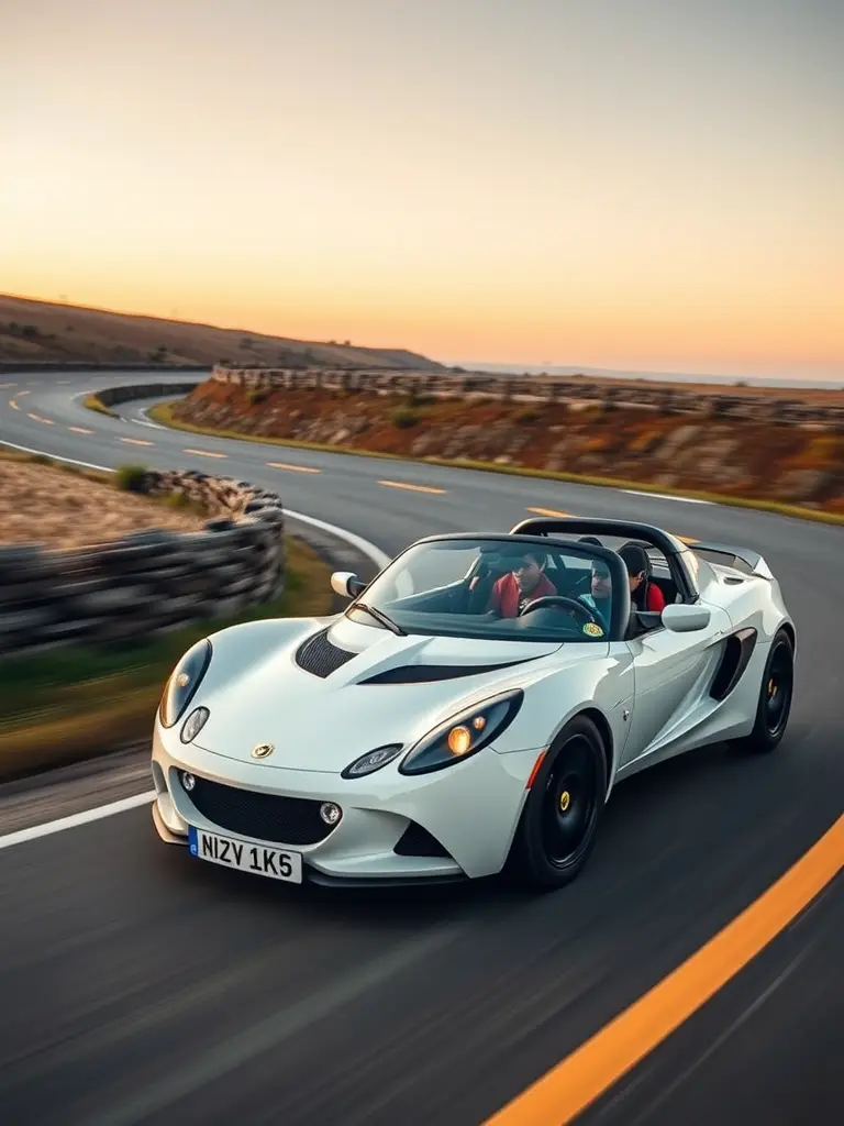 Lotus Elise sports car driving on a winding road during sunset