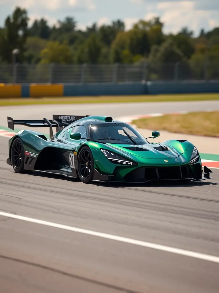 Lotus Evija in iridescent green and black racing on the track