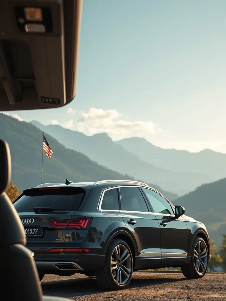Audi Q7 parked with mountains in the background and an American flag.