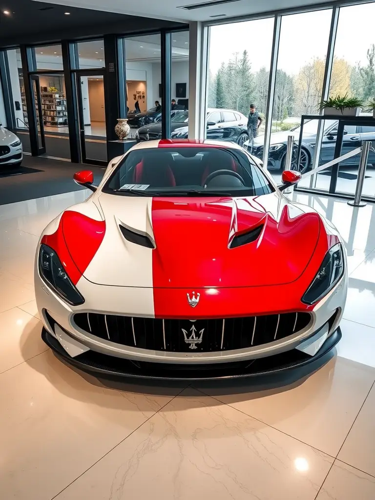 Maserati MC20 sports car in dual-tone white and red with a sleek design and plush interior
