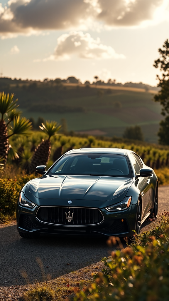 Maserati Quattroporte parked on a scenic road surrounded by greenery
