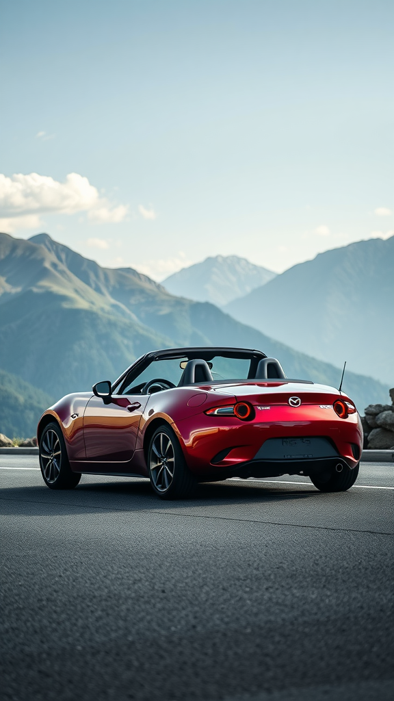 Mazda MX-5 Miata parked on a scenic road with mountains in the background