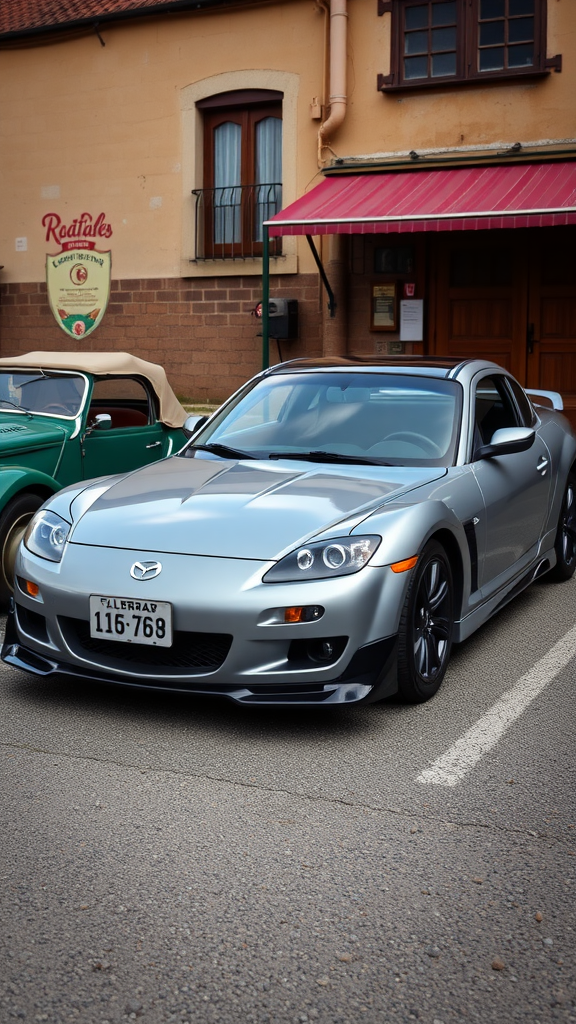 An orange Mazda RX-8 parked in a garage with vintage decor in the background.