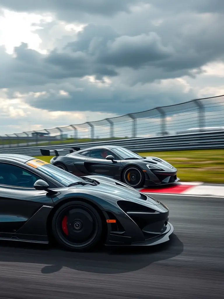 Two McLaren supercars racing on a track, showcasing their sleek designs and impressive speed.