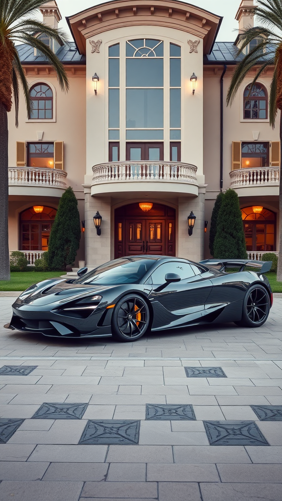 A McLaren Speedtail parked in front of a luxurious mansion.