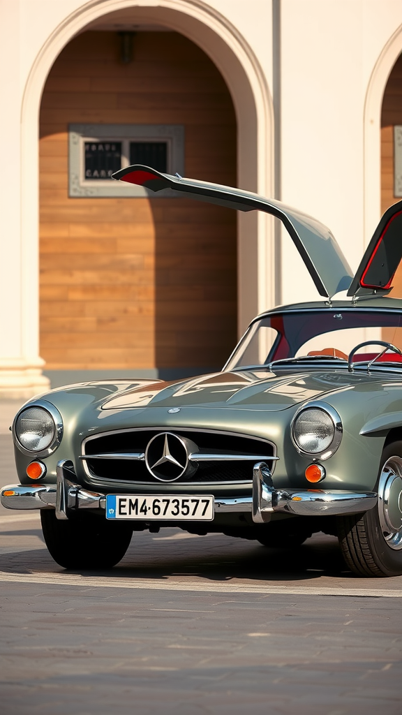 A silver Mercedes-Benz 300SL with gullwing doors raised, showcasing its classic design.