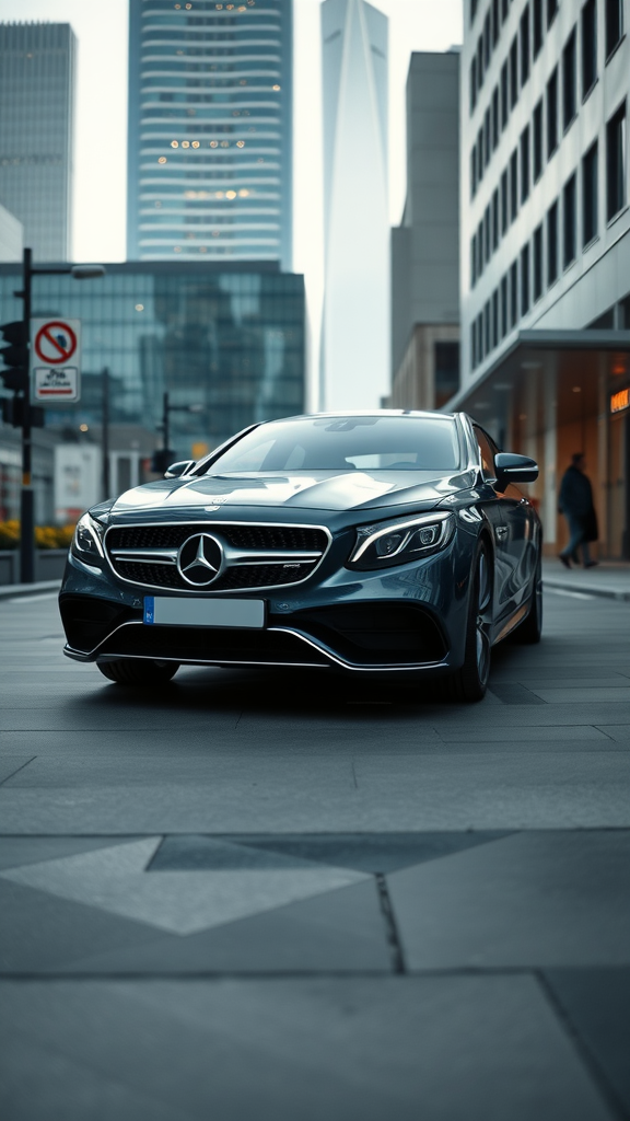 A sleek Mercedes-Benz S-Class parked in an urban setting with modern buildings in the background.